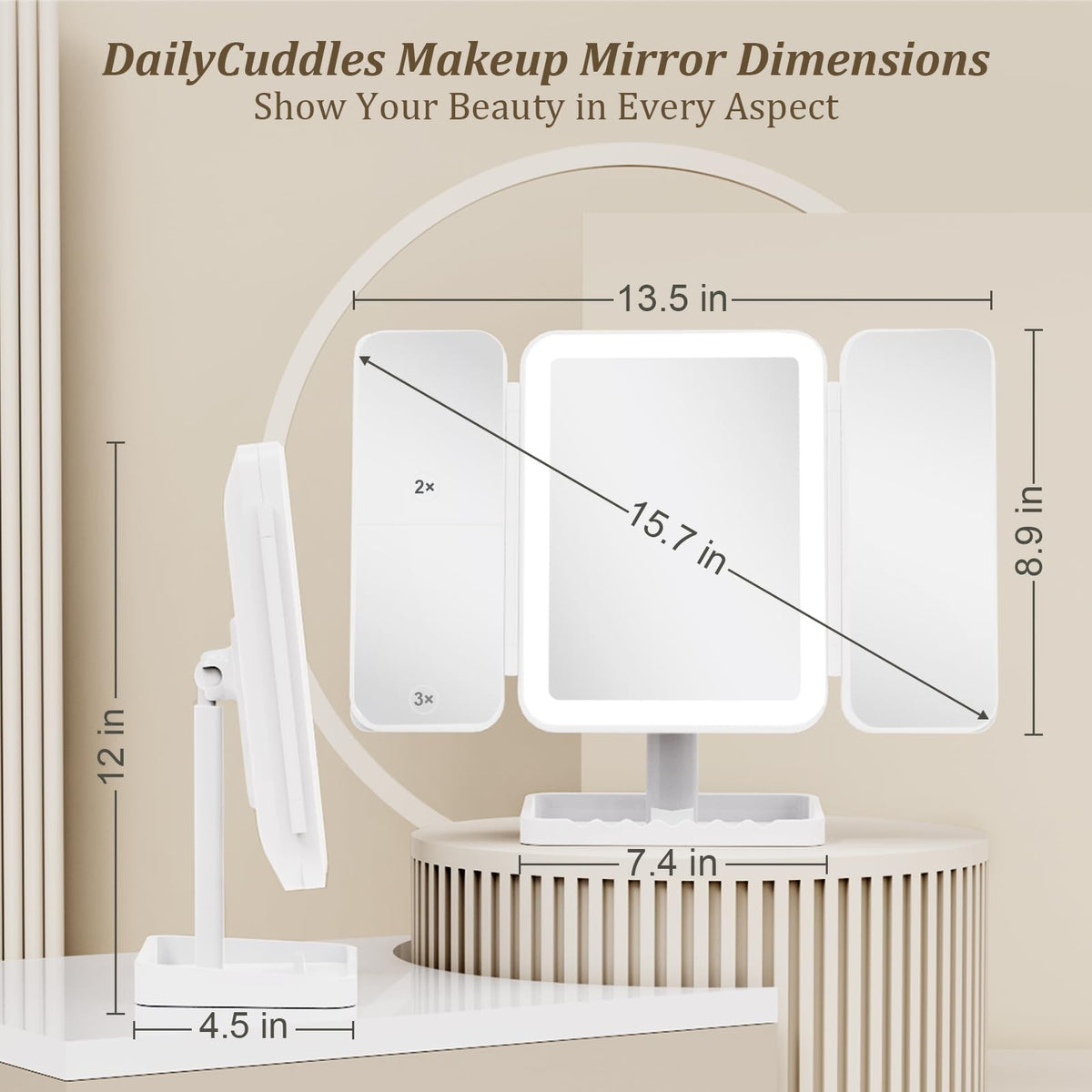 Rechargeable Tri-Fold LED Makeup Mirror with 3X Magnification & Lights