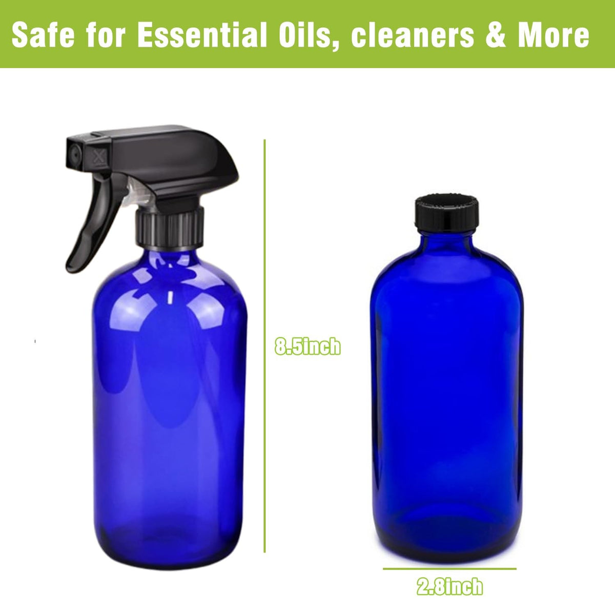 Refillable Blue Glass Spray Bottles for Cleaning Hair Care Plants 16oz Set