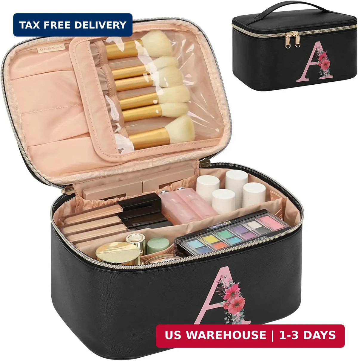 Travel Makeup Organizer Bag - Monogram Initial Cosmetic Case, Compact & Durable