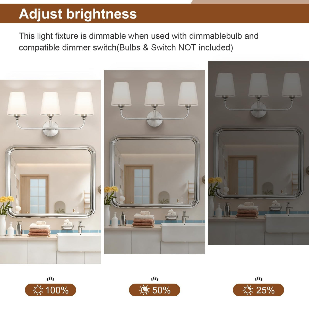 3-Light Brushed Nickel Bathroom Vanity Light Fixture with Fabric Shade