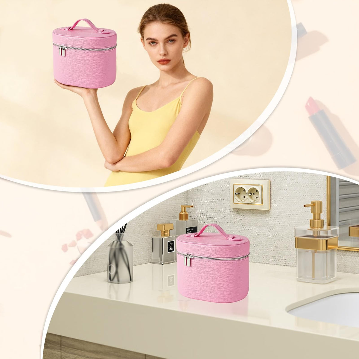 Large Capacity Leather Makeup Bag with Removable Washable Compartments, Waterproof Cosmetic Organizer