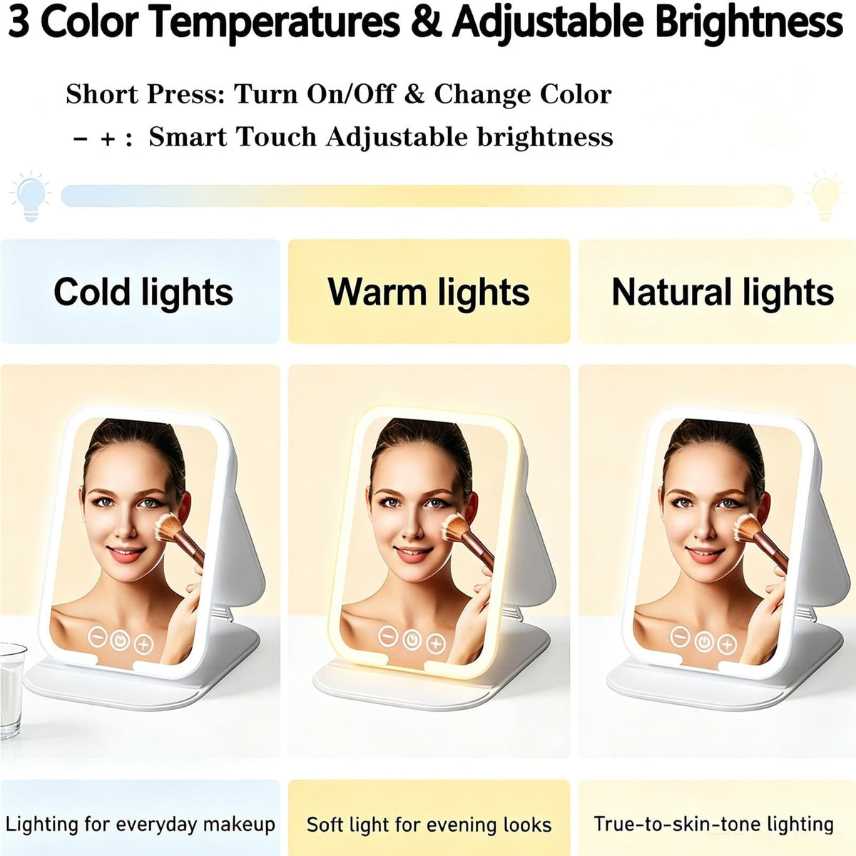 Travel Makeup Mirror with 3 Adjustable Lights, Touch Screen & USB Rechargeable