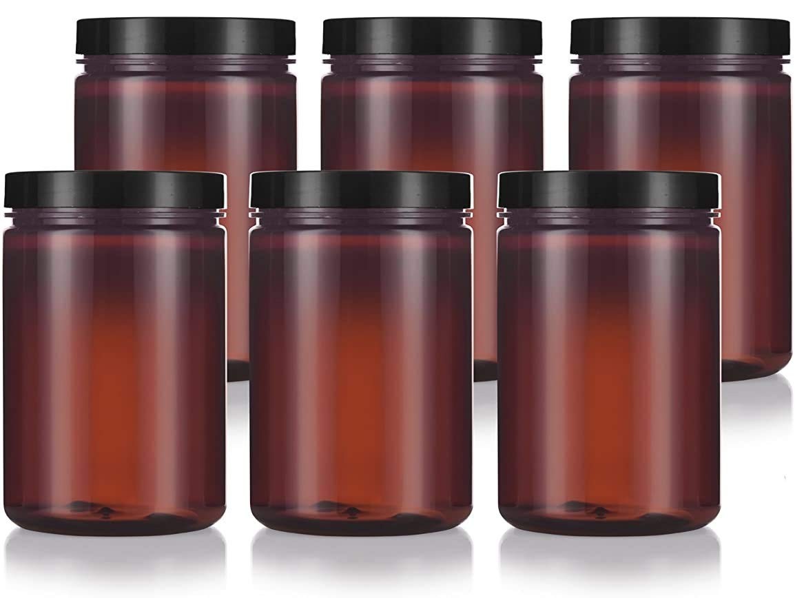 Large Amber PET Plastic Refillable Jar with Airtight Foam-Lined Lid - 25 Oz (6 Pack)