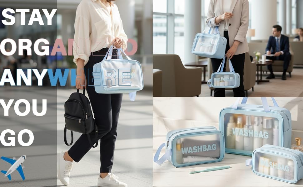 3-Piece Makeup Cosmetic Bag Travel Organizer Set Blue Small Medium Large