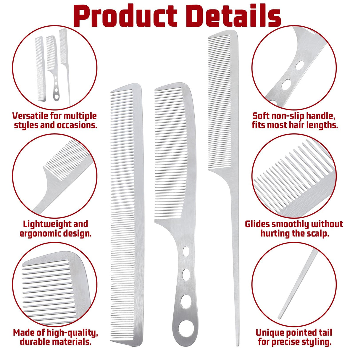 Metal Fine Tooth Comb Set - Stainless Steel Detangling & Styling Tools