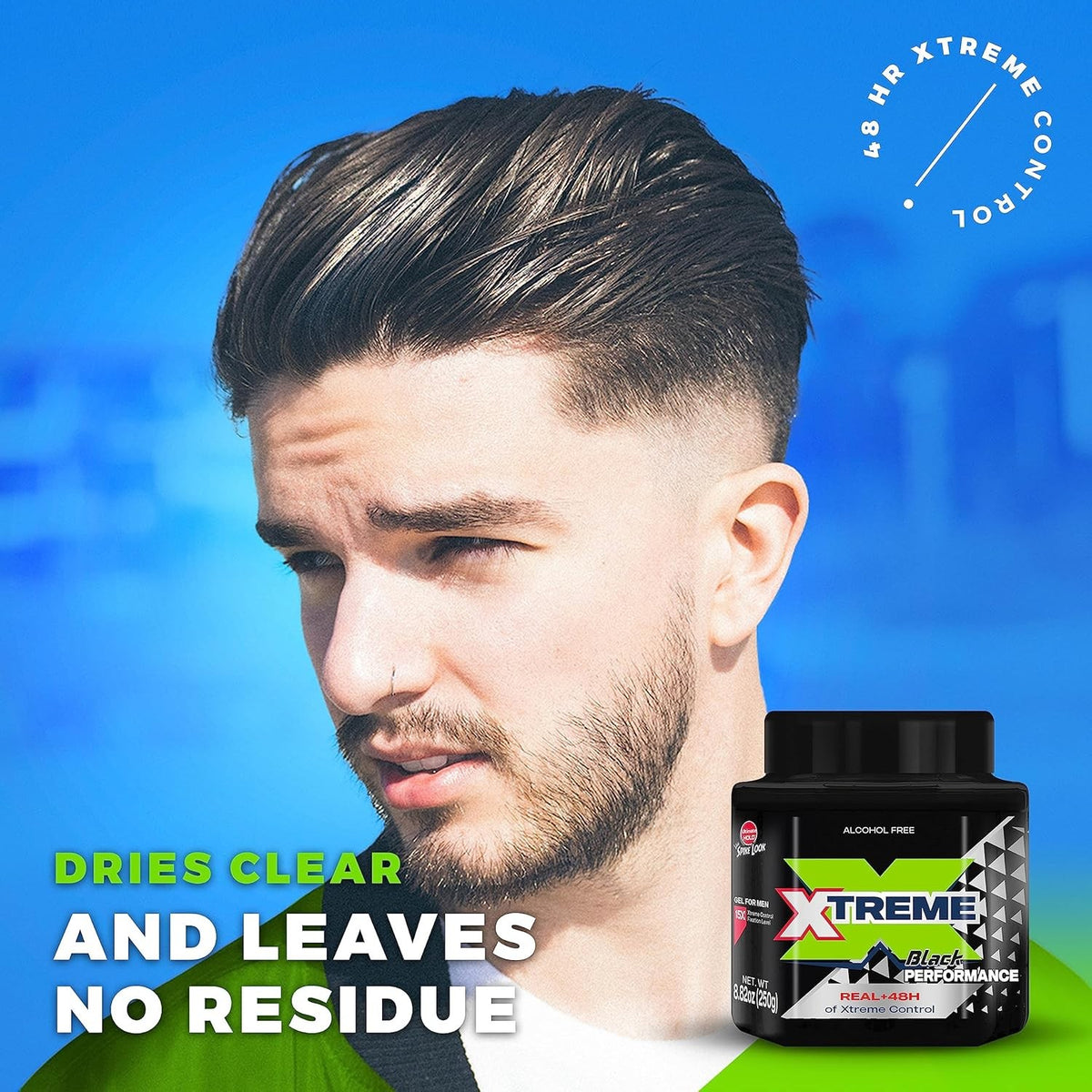 Extreme Black Hair Gel - Extra Strong Hold, 48H Control, Alcohol-Free 8.81 Oz