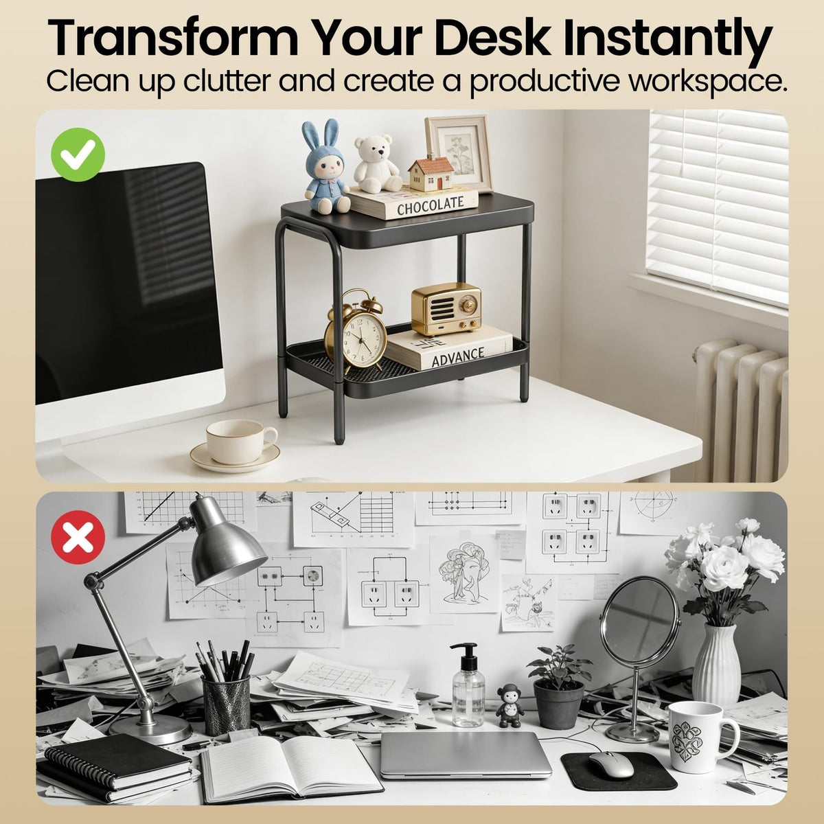 2-in-1 Desktop & Floor End Table with Storage Shelves - Small Space Nightstand