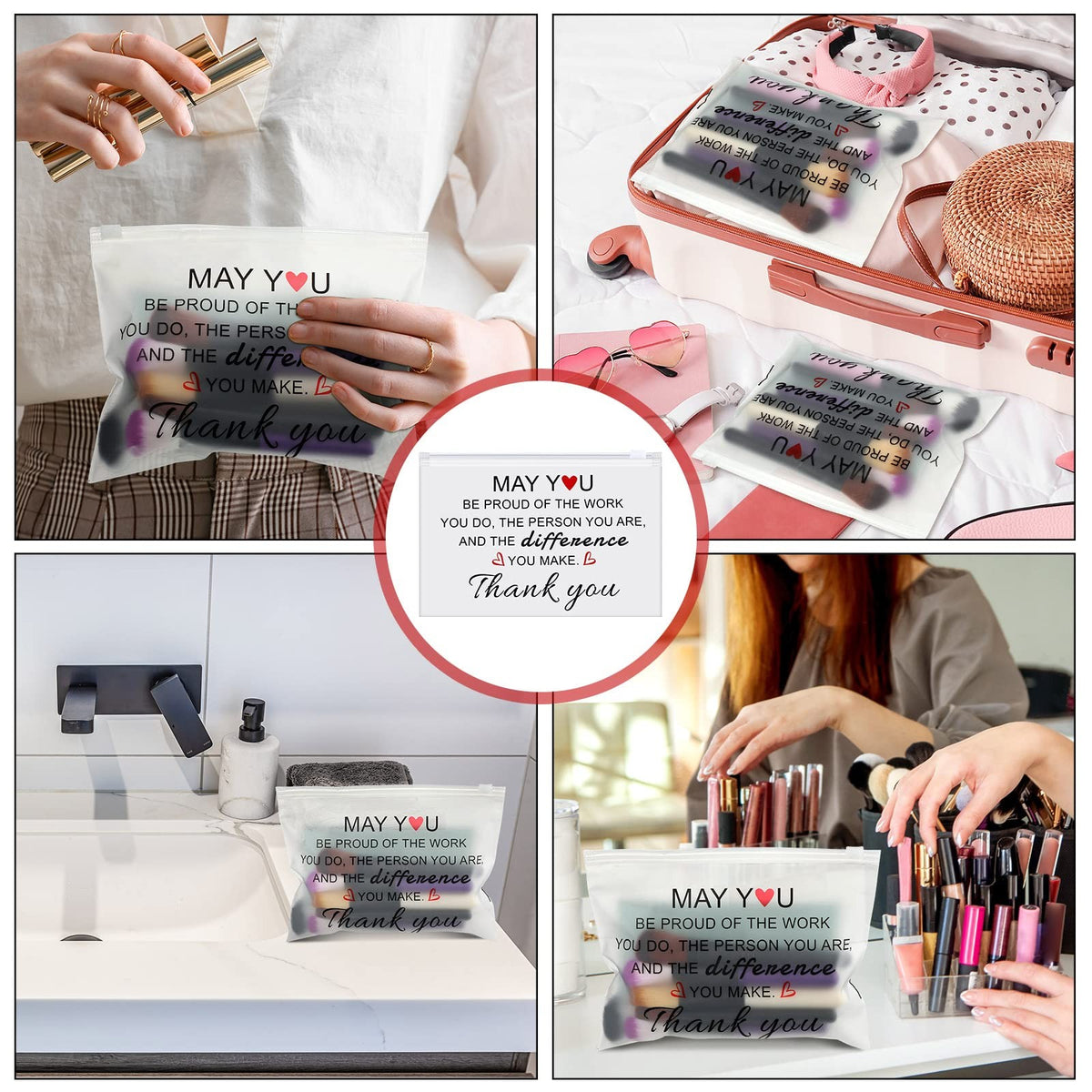 150 Pcs Waterproof Makeup Bags Bulk with Inspirational Quotes - Portable Cosmetic Organizer