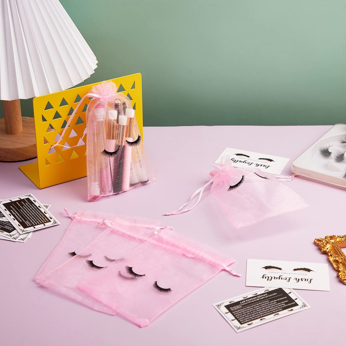 Eyelash Aftercare Bags 100 Pcs Cosmetic Drawstring Organza Pouches Pink & Black