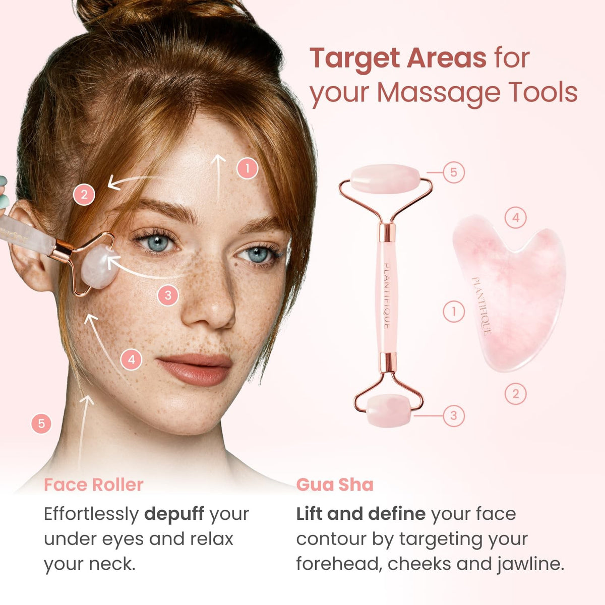 Face Roller and Gua Sha Set - Rose Quartz Facial Massager for Skin Tightening and Puffiness Reduction