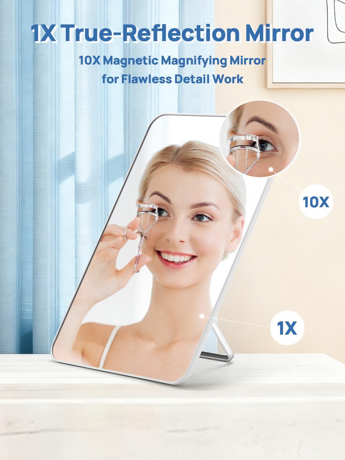 10x7 Inch White Tabletop Makeup Mirror with 10X Magnifier & Adjustable Stand