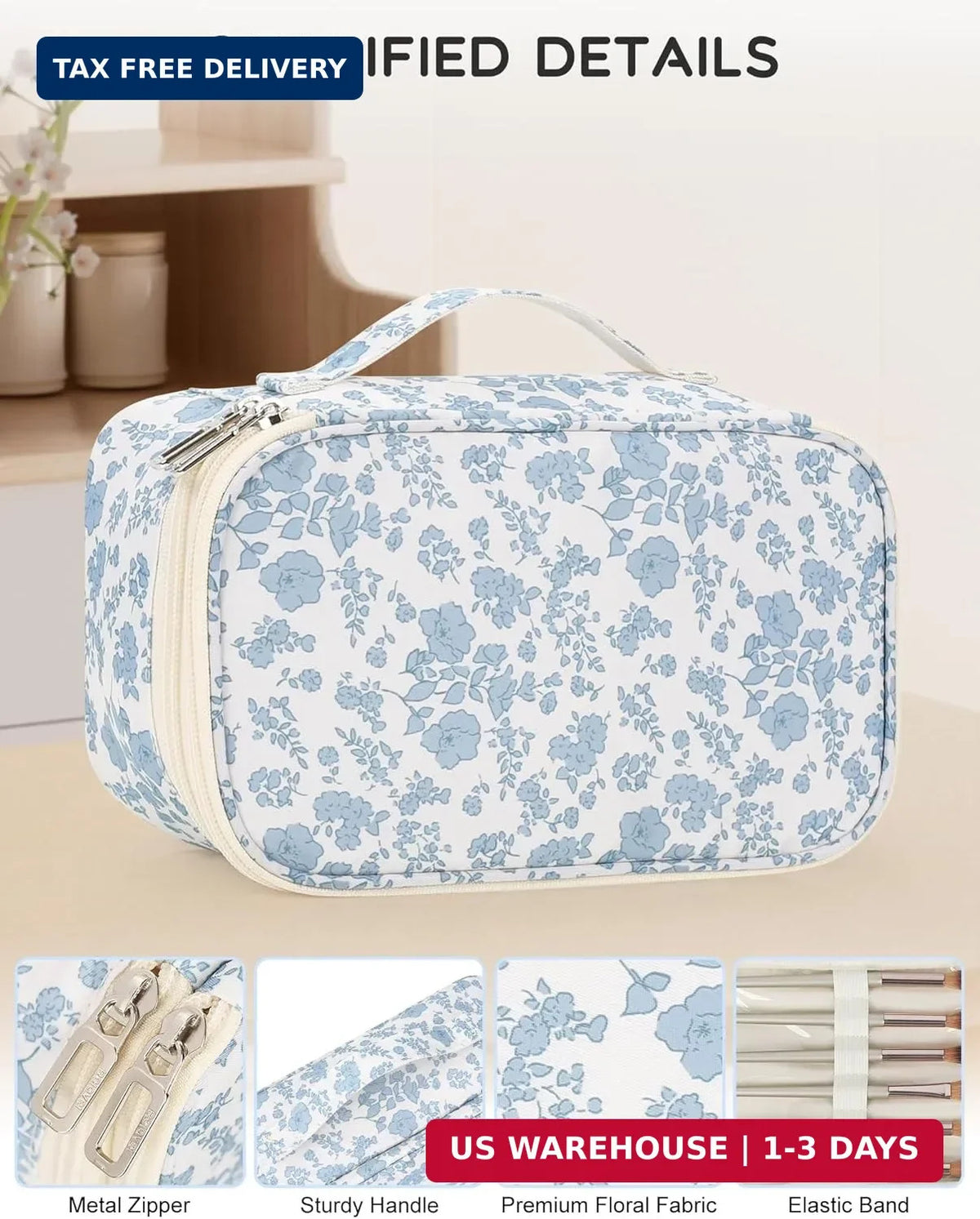Travel Makeup Bag with Compartments - Small Floral Cosmetic Organizer