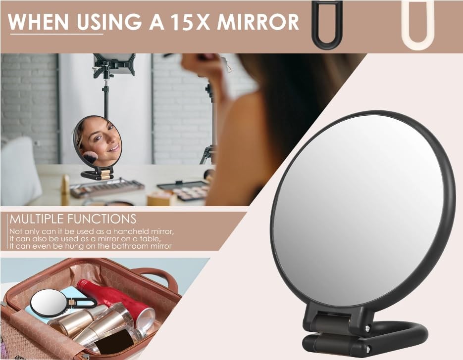 15X Handheld Travel Mirror with Adjustable Rotation Handle Double-Sided Magnifying