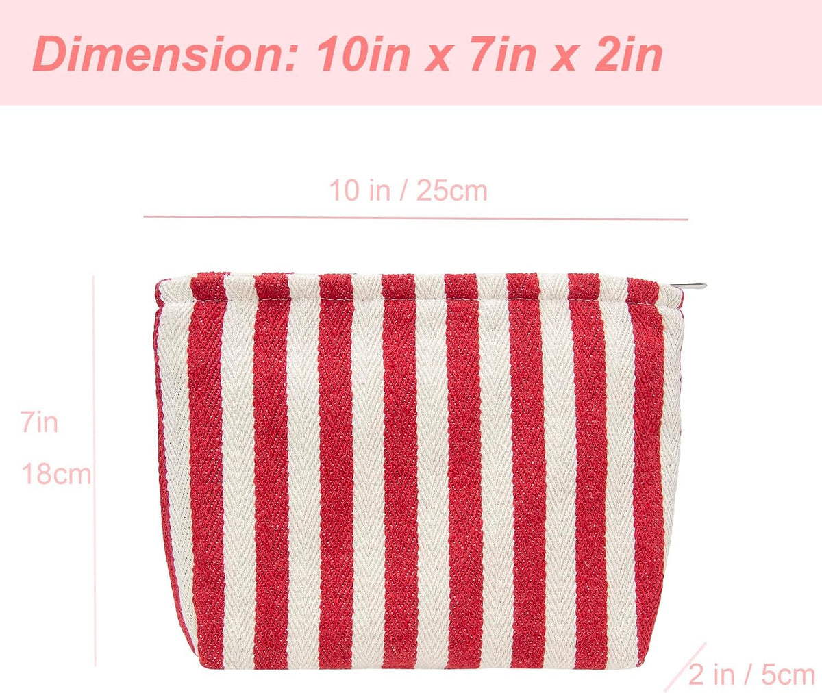 Slim Zipper Makeup Bag for Women - Canvas-Lined Cosmetic Pouch, Red Stripe