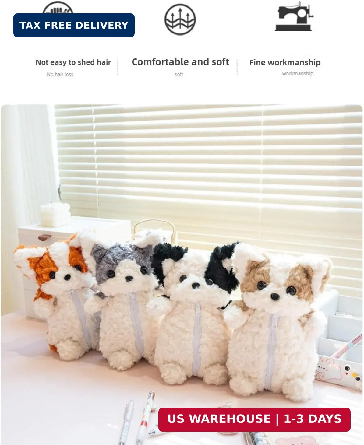 Cute 3D Fuzzy Dog Plush Pencil Case - Animal Organizer for Makeup & Accessories
