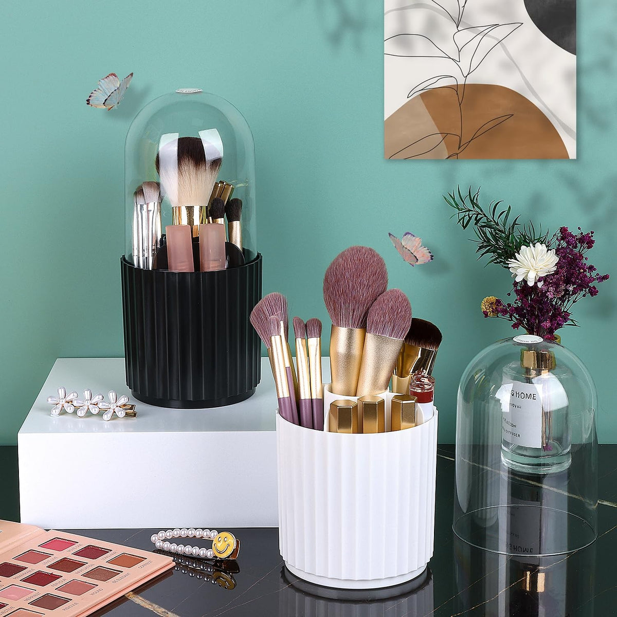 Rotatable Makeup Brush Organizer with Lid - 5 Compartments, White