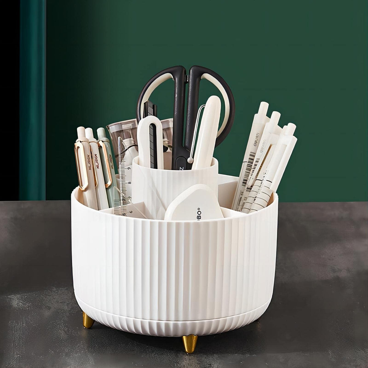 Large Capacity 360° Rotating Makeup Brush Organizer with 5 Slots - White Vanity Storage