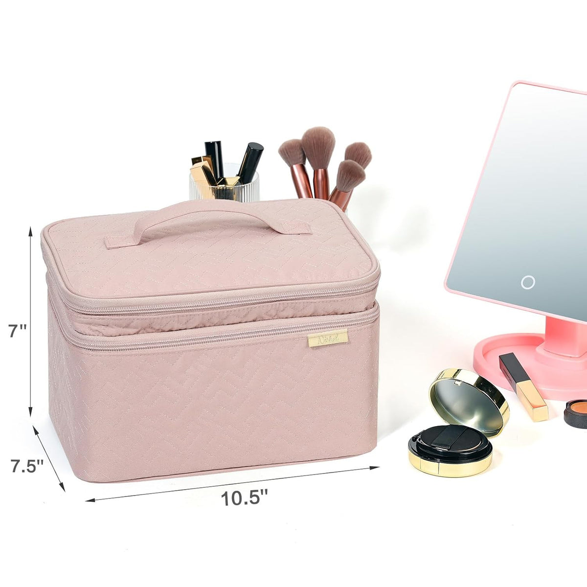 Double Layer Makeup Bag Organizer Travel Cosmetic Case with Adjustable Dividers