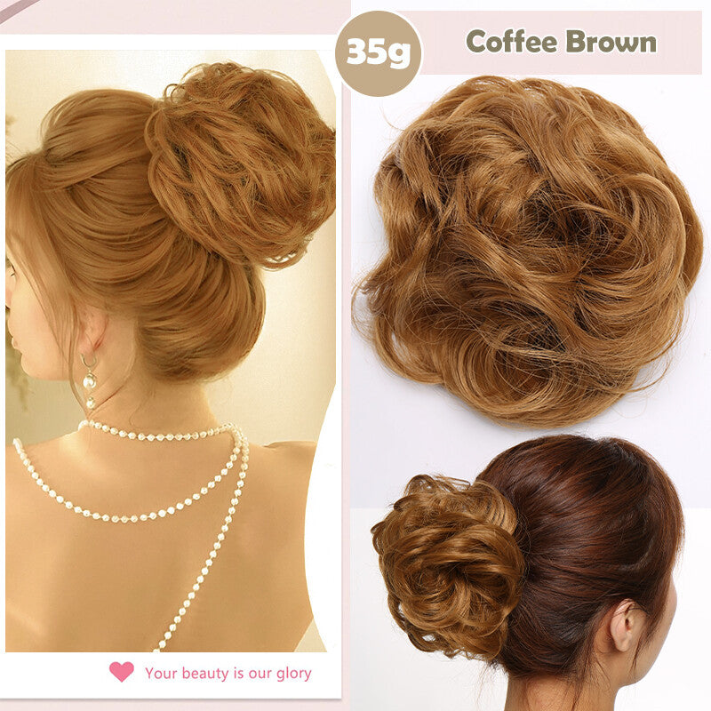 Natural Human Hair Messy Bun Ponytail Extensions with Curly Scrunchie Updo