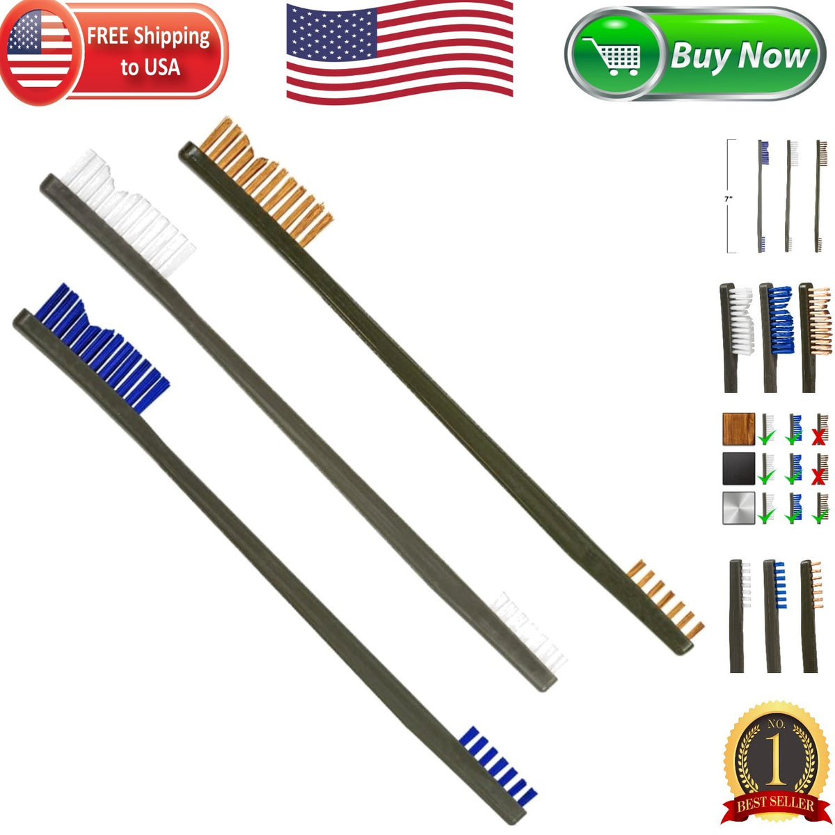 Unisex 3-Pack Otis Cleaning Brushes for Firearms & Equipment - Nylon & Bronze