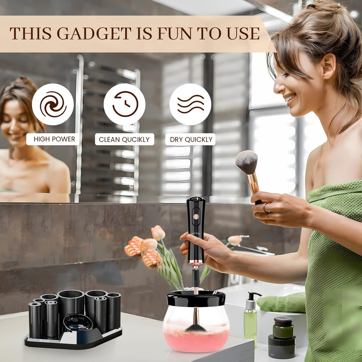 Electric Makeup Brush Cleaner and Dryer - Fast 30-Second Spin, Black