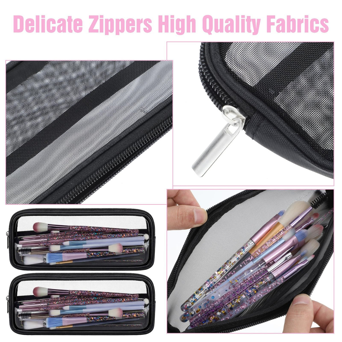 Mesh Makeup Brush Bag - Portable Travel Toiletry Organizer - Black Nylon 2 Pack