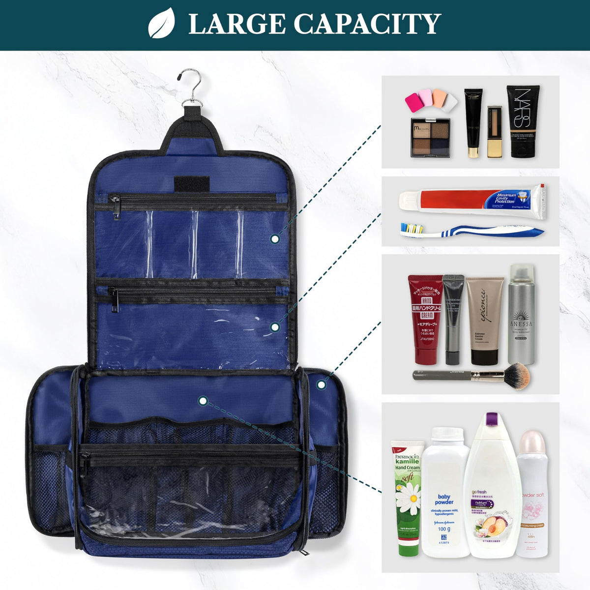 Large Hanging Toiletry Bag with 10 Compartments Water-Resistant Travel Organizer - Swivel Hook, Leakproof Pockets, Blue