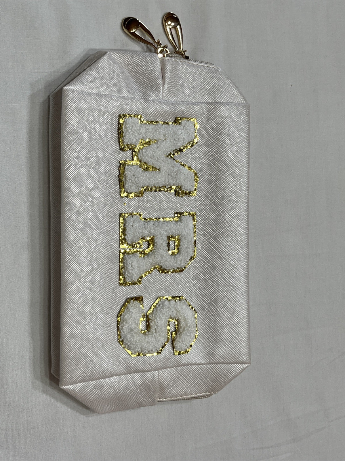 Bride Gifts MRS Patch Travel Cosmetic Bag with Varsity Letters Beige & Gold