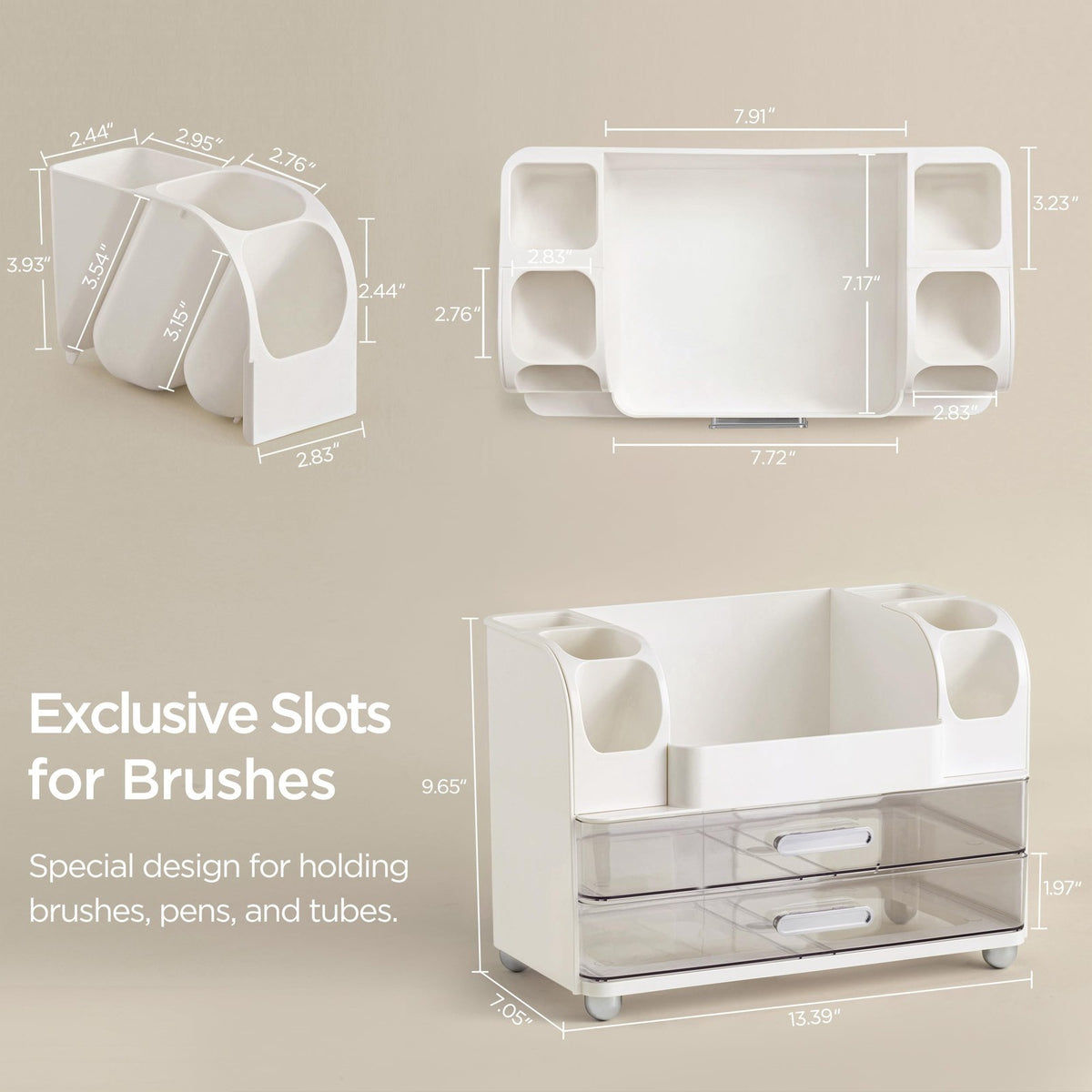 Large Makeup Organizer with Brush Holder - Vanity Storage, White