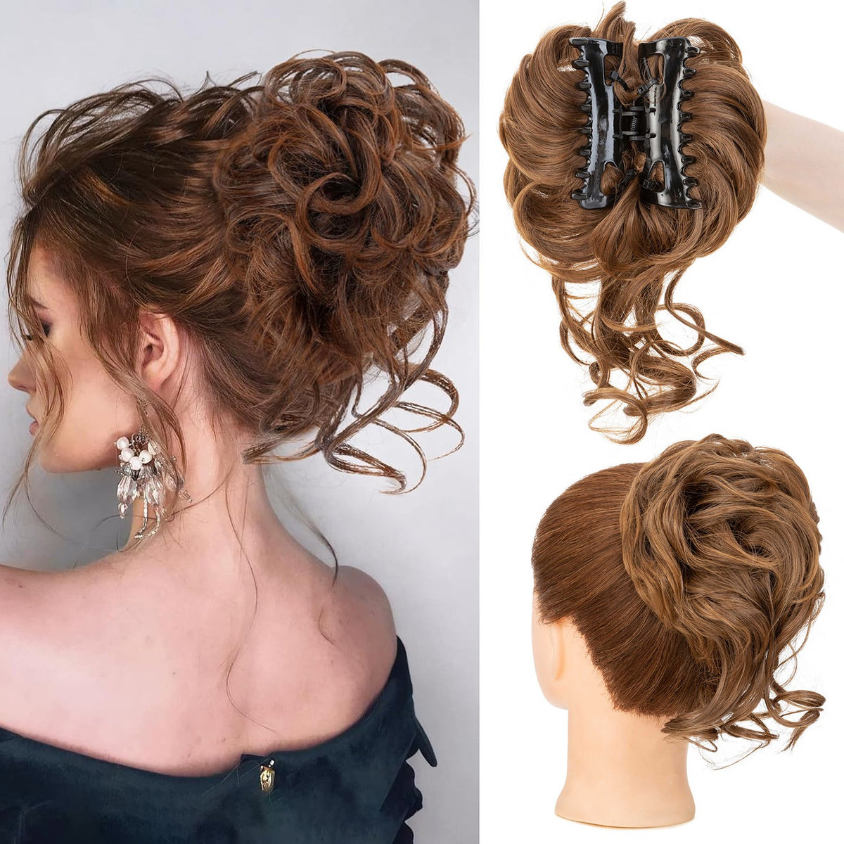 Thick Messy Curly Hair Bun Claw Clip Extensions - Multiple Colors & Lengths
