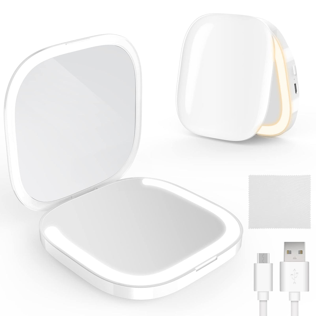 Rechargeable LED Compact Makeup Mirror with 3X Magnification and Adjustable Light