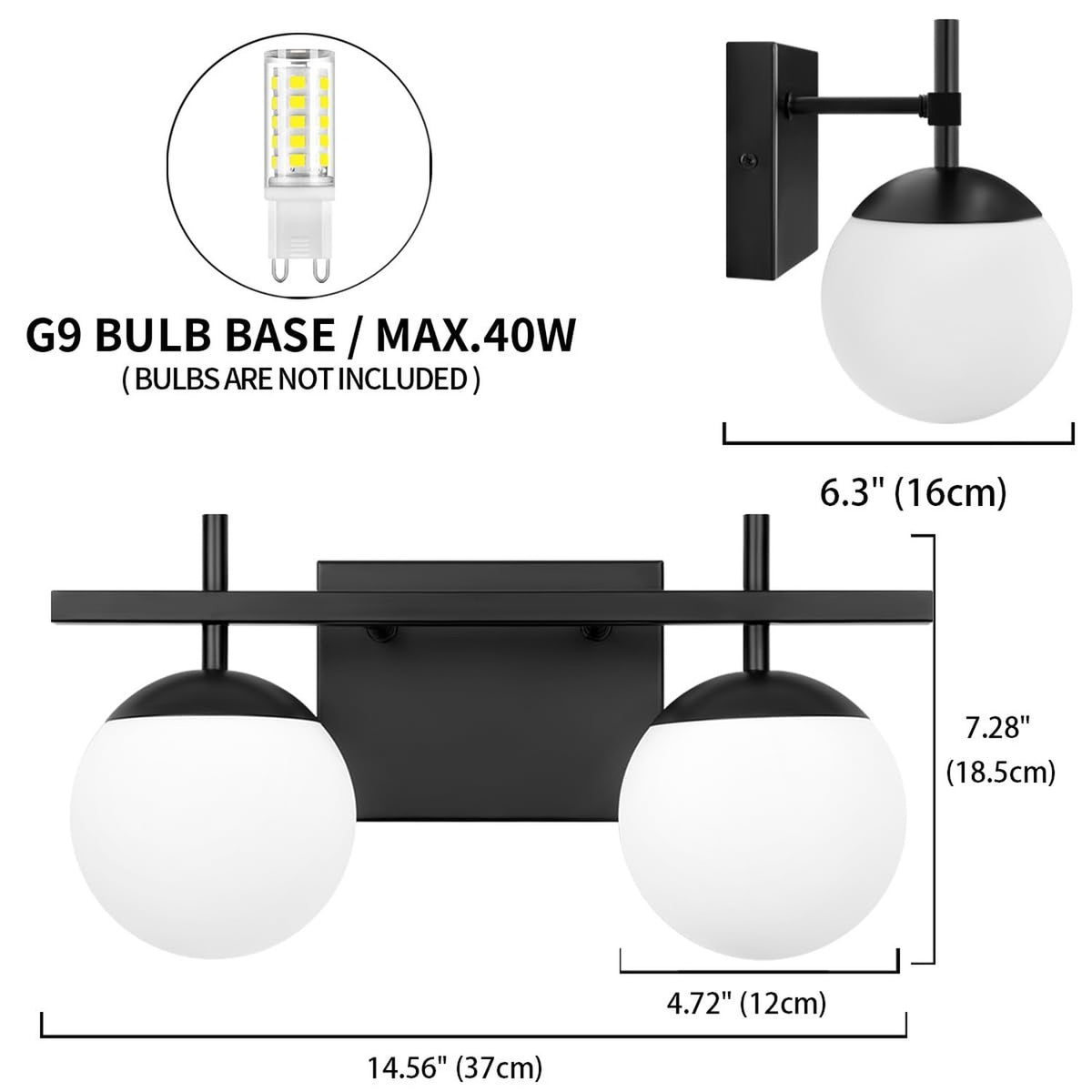 Modern Black Bathroom Vanity Light Fixture with White Frosted Glass - 2 Light