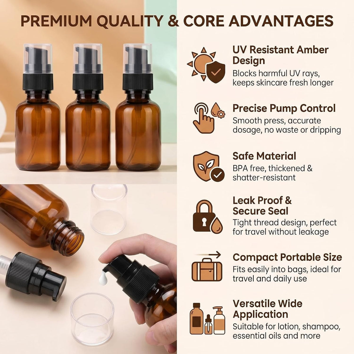 3 Pack 60ml Amber Plastic Travel Lotion Bottles with Pump Dispenser