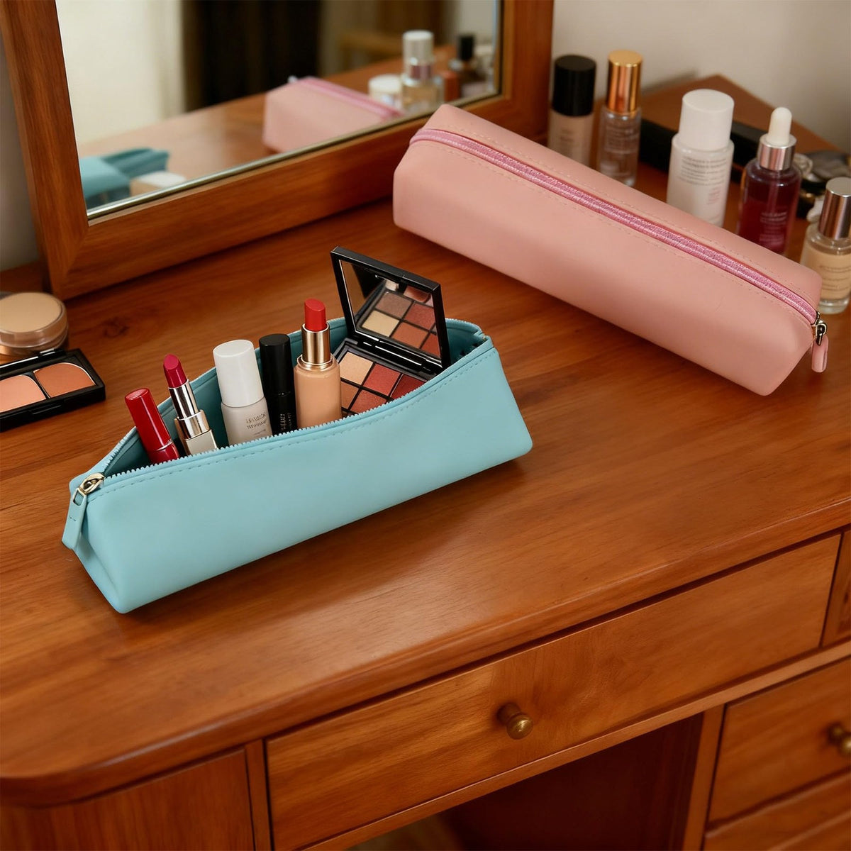 Silicone Cosmetic Bag Set - Pink and Yellow 8.46x2.36x2.17 Inches, 2 Pack