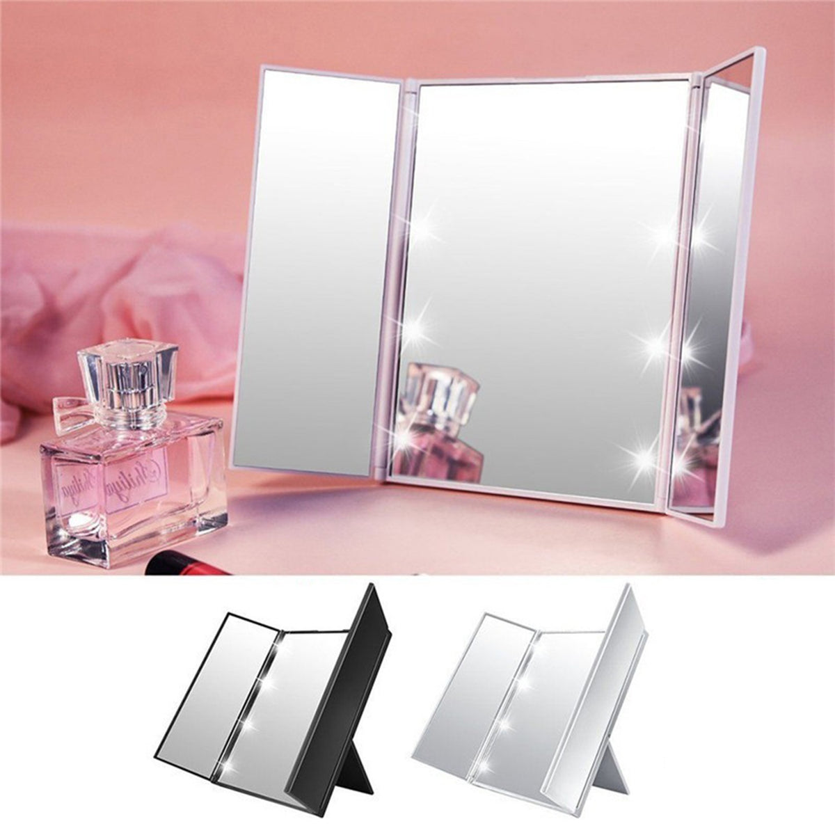 LED Tri-Folding Vanity Mirror with Lights - Portable Tabletop Cosmetic Mirror