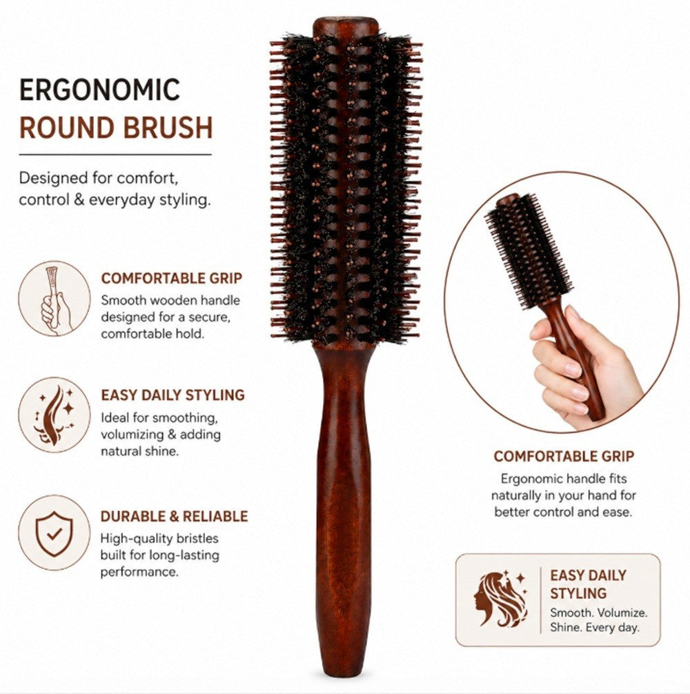 2.2-Inch Round Bristle Hair Brush with Wooden Handle for Blowouts & Styling
