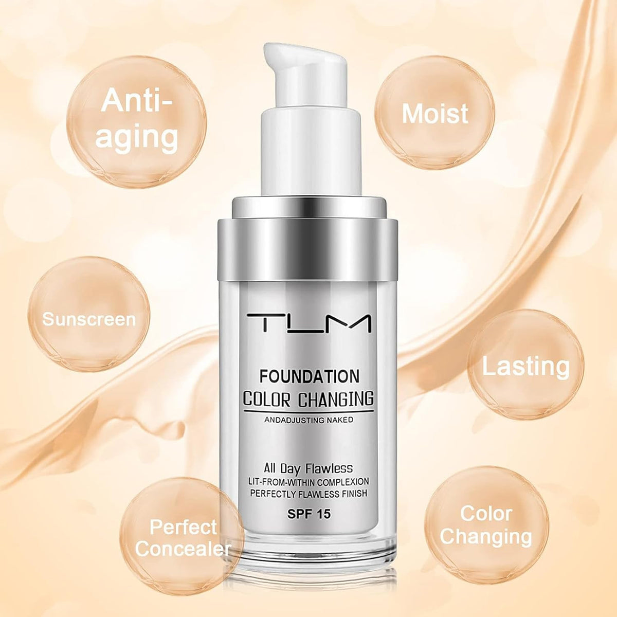 Color Changing Liquid Foundation with SPF 15 - All Day Flawless Coverage, Concealer & Skin Tone Self-Adjusting Base