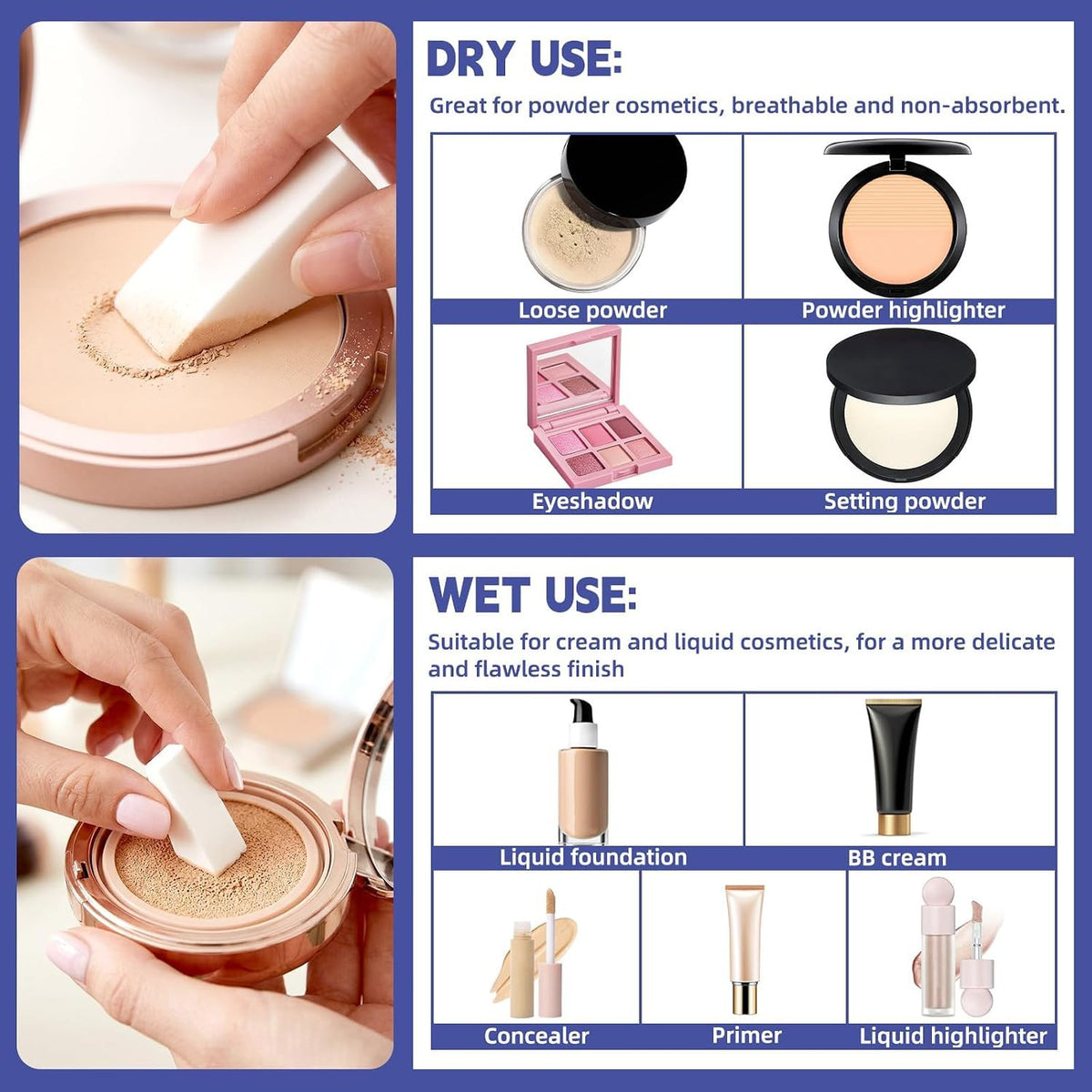 White Makeup Sponges Set - Small Triangular Latex-Free Cosmetic Wedges (96 Pieces)