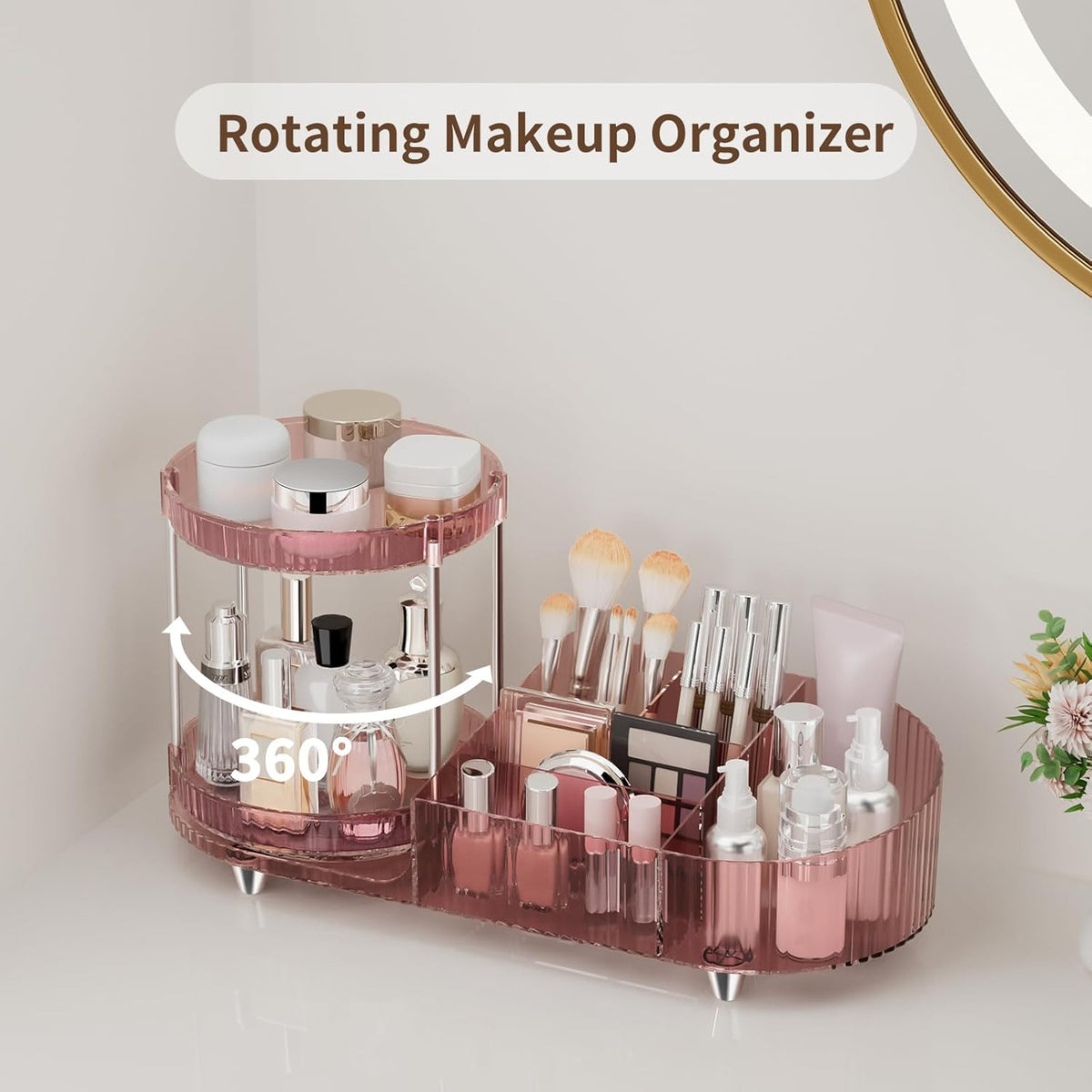 360 Rotating Makeup Organizer with Perfume Trays & Compartments, Acrylic Vanity Storage
