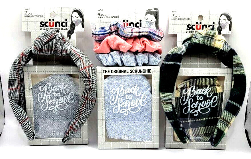 Lot of 3 - Scunci Mask and Scrunchies Headband Matching Set- Plaid