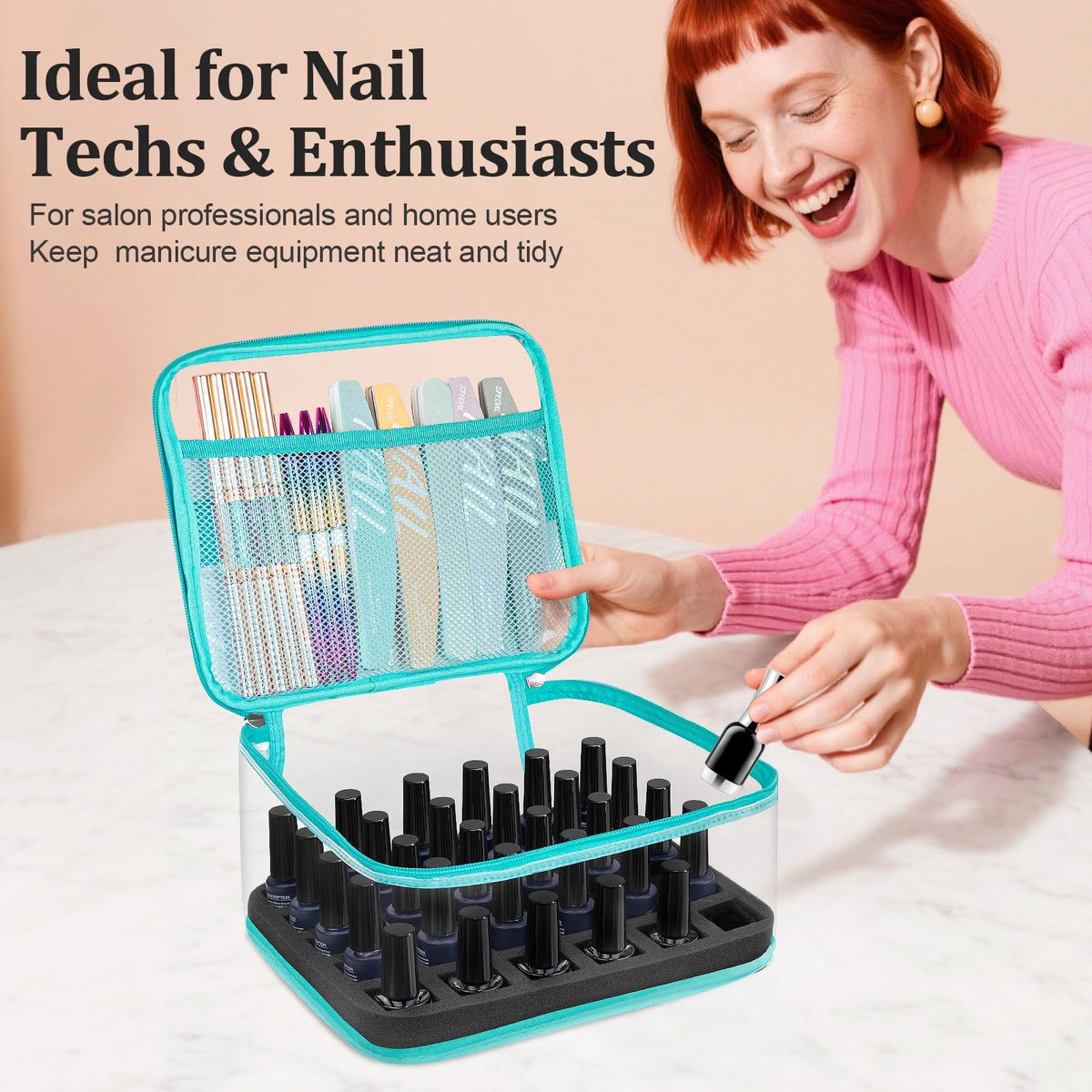 Mint Green Clear Nail Polish Organizer Case Holds 30 Bottles - Travel & Storage