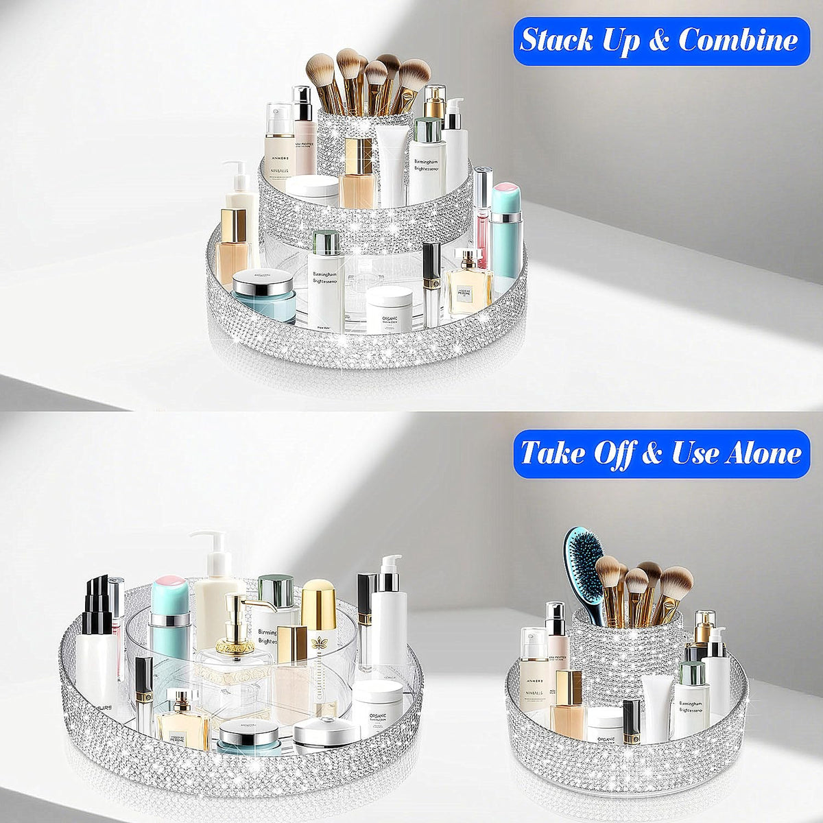 Rotating Makeup Organizer Acrylic Vanity Storage with Rhinestones