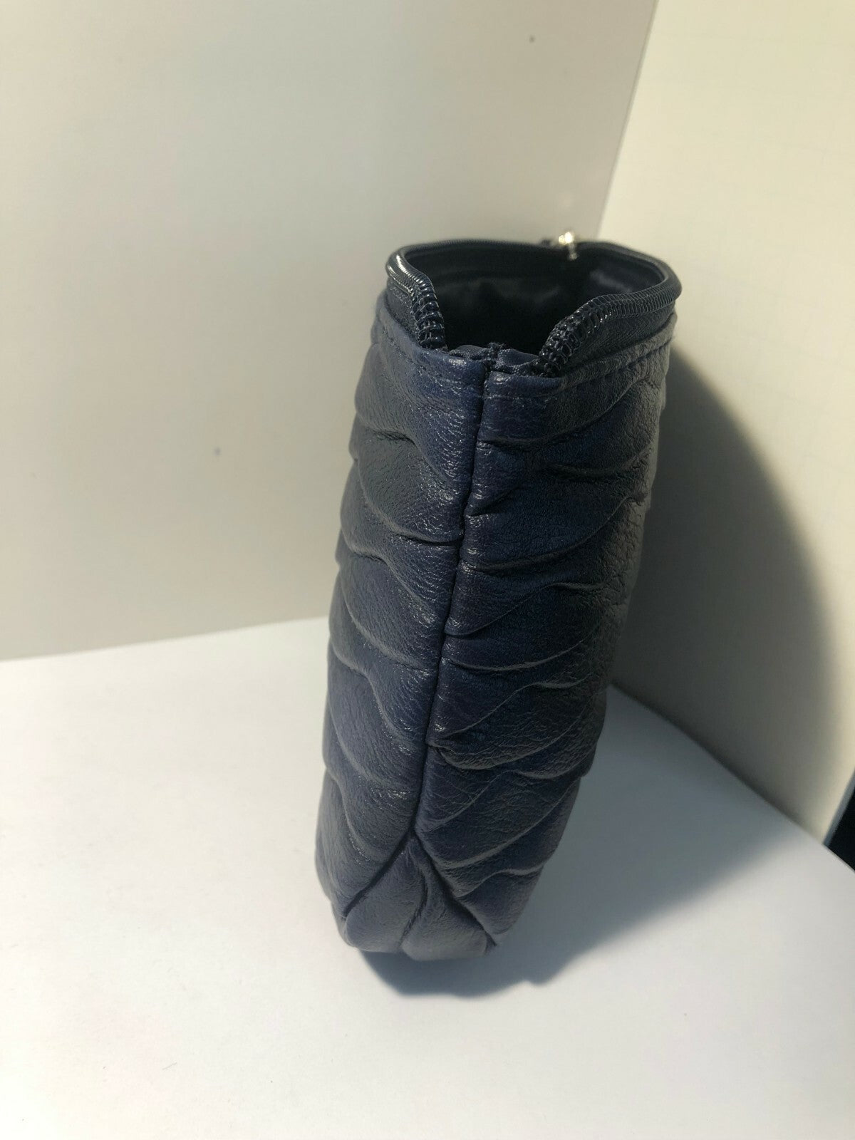 Blue Vegan Leather Makeup Bag with Wavy Textured Design - 8.5x6 Inches
