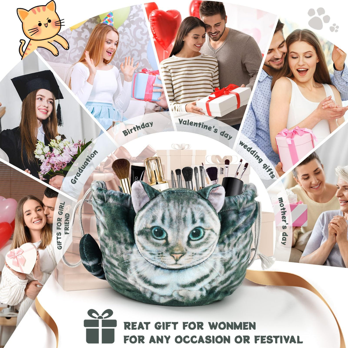 Cute Cat Shaped Drawstring Makeup Bag for Women - Grey Tabby Cosmetic Case