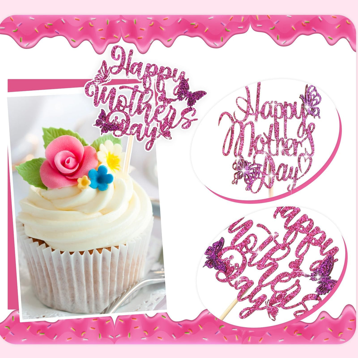 60 Pcs Happy Mother's Day Cupcake Toppers Glitter Cake Decorations - Multicolor