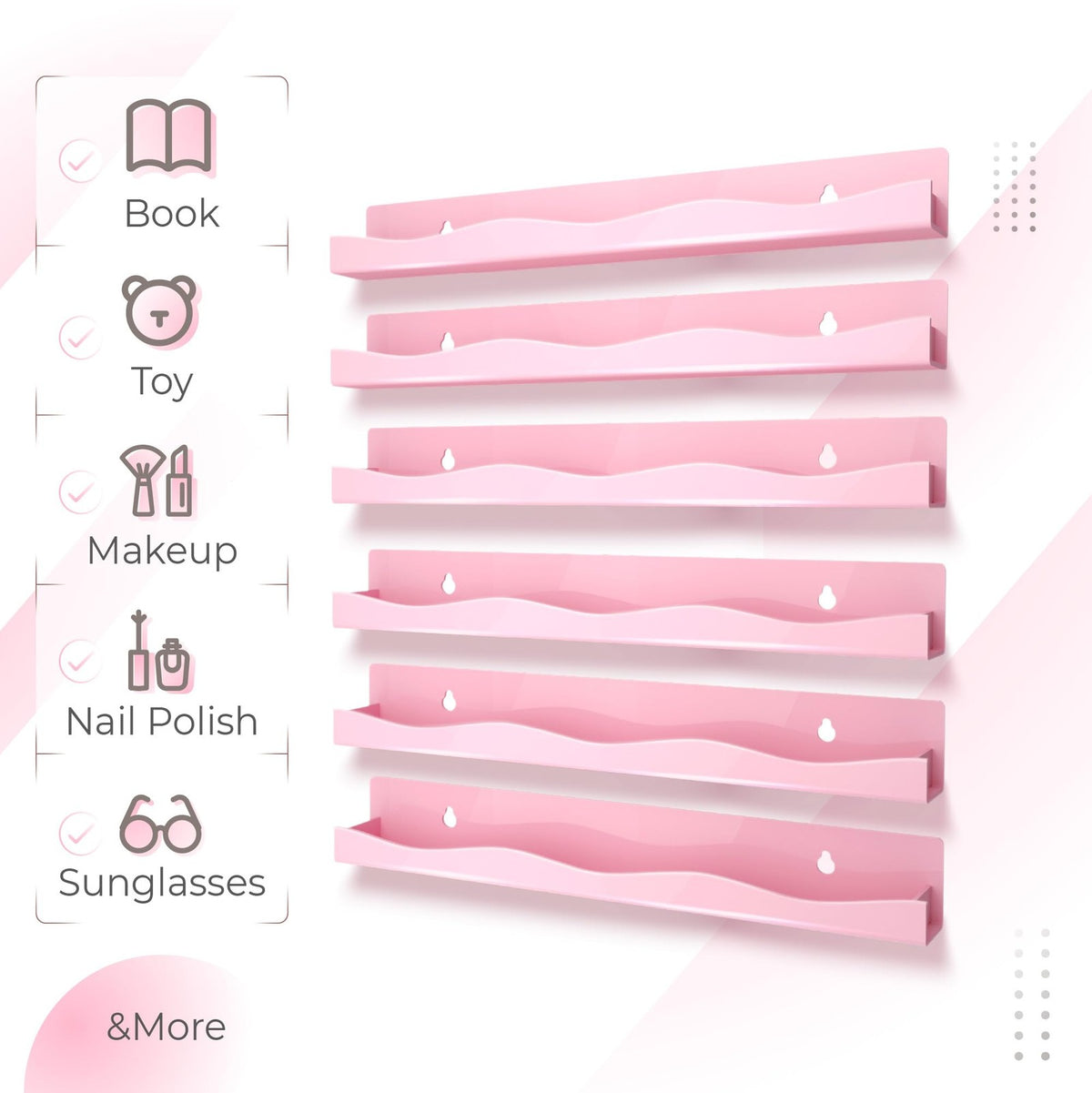 Pink 15 Inch Wall Mounted Nail Polish Shelf Holds 66-90 Bottles