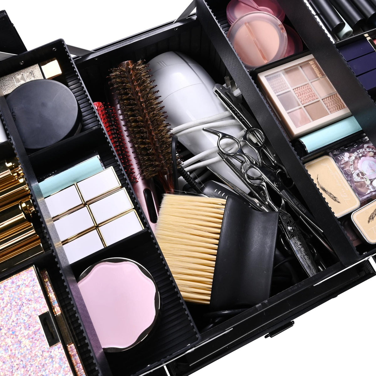 Large Aluminum Makeup Train Case with 4-Tier Trays and Lockable Storage