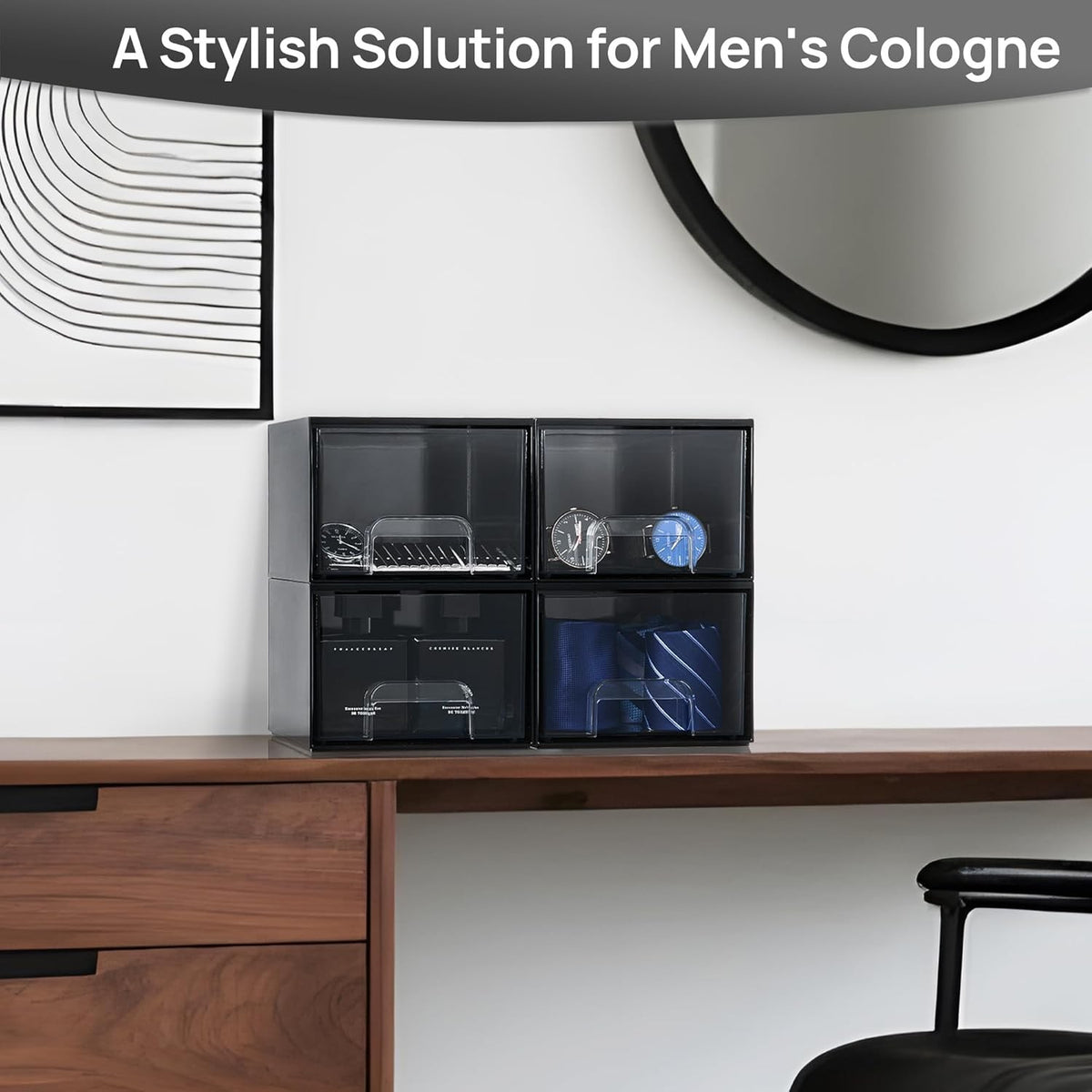 Stackable Storage Drawers for Men’s Cologne and Makeup - Black Plastic Organizer