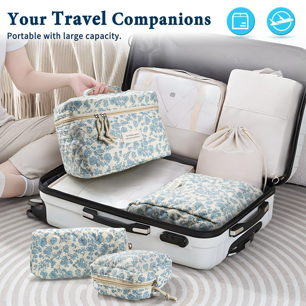 Large Cotton Quilted Travel Makeup Bag Set - Floral Sky Blue 4 Pack