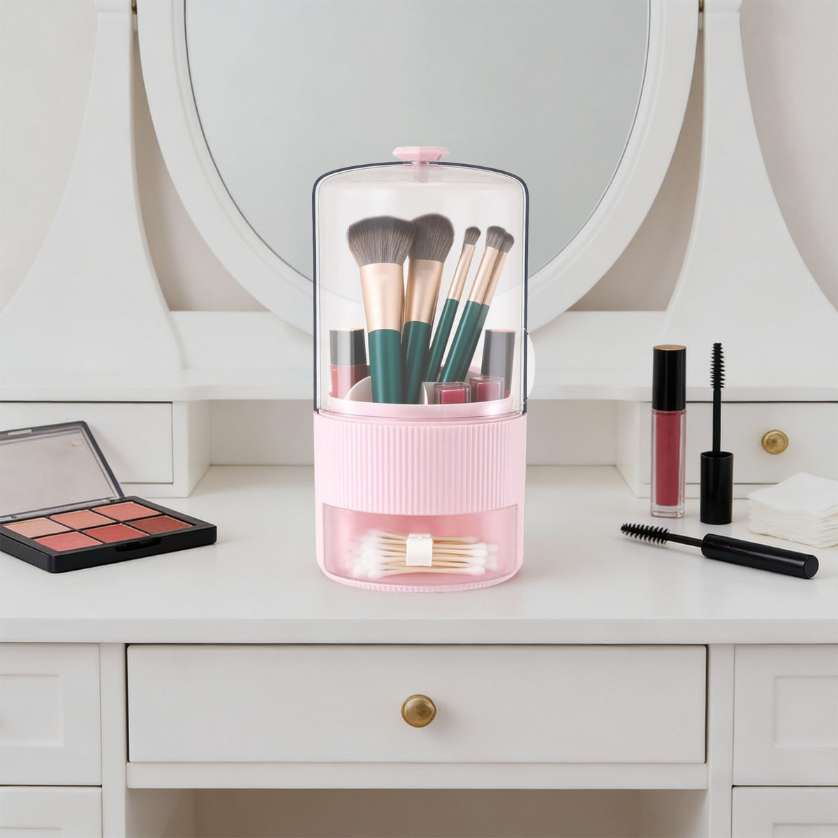Pink Makeup Brush Organizer with Cover - Cosmetic Brush Storage Box